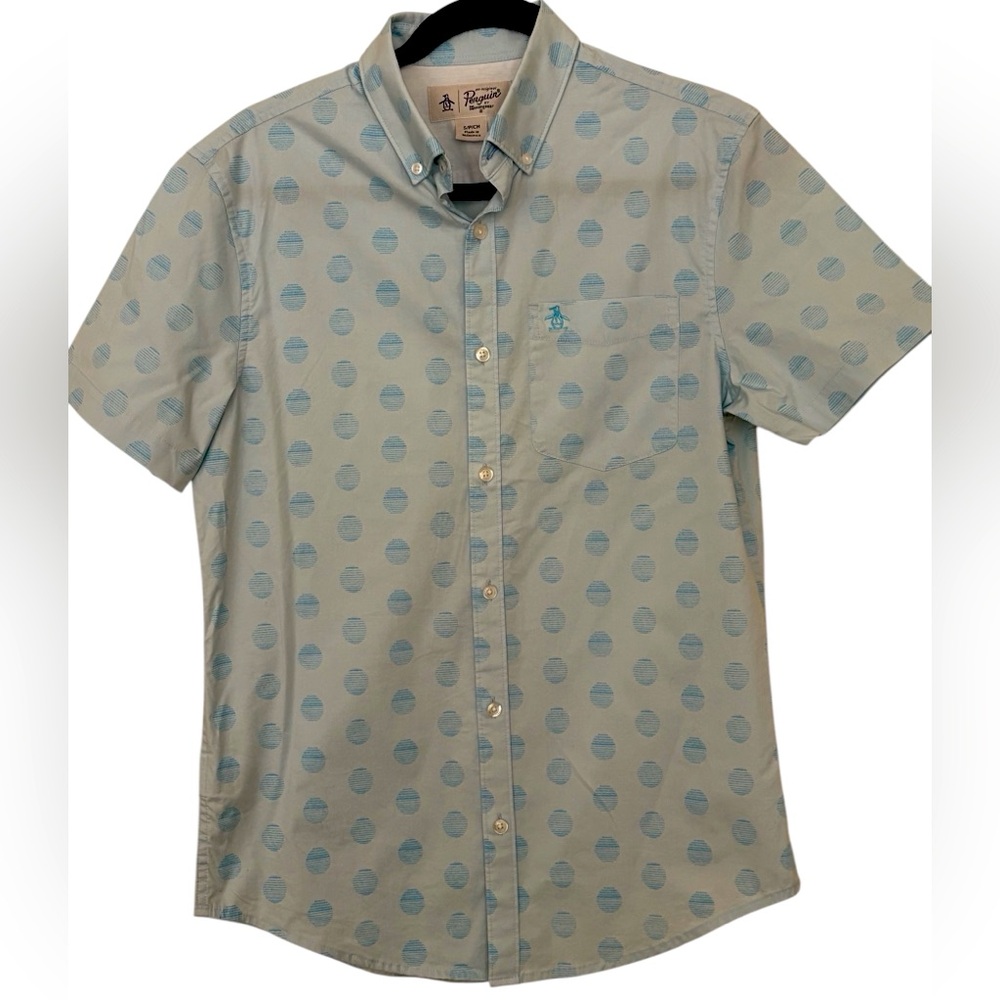 Original Penguin short sleeve, button down,light blue with blue accent circles,S